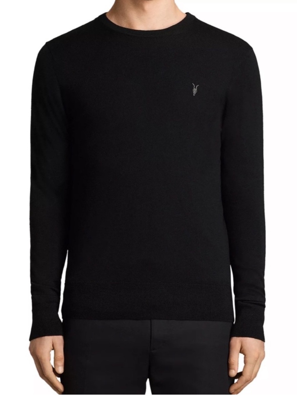 All Saints Mode Slim Fit Black Merino Wool Ramskull Sweater Size Medium